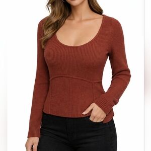 ABERCROMBIE Ribbed Knit Scoop Neck Top Sweater. Rust Brown – XS
